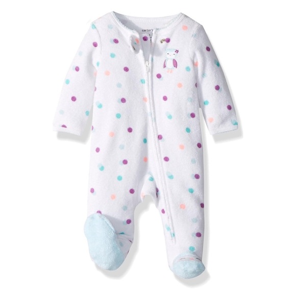 White Polka Dot Footed Fleece Pajamas with Owl - Picture 3 of 7